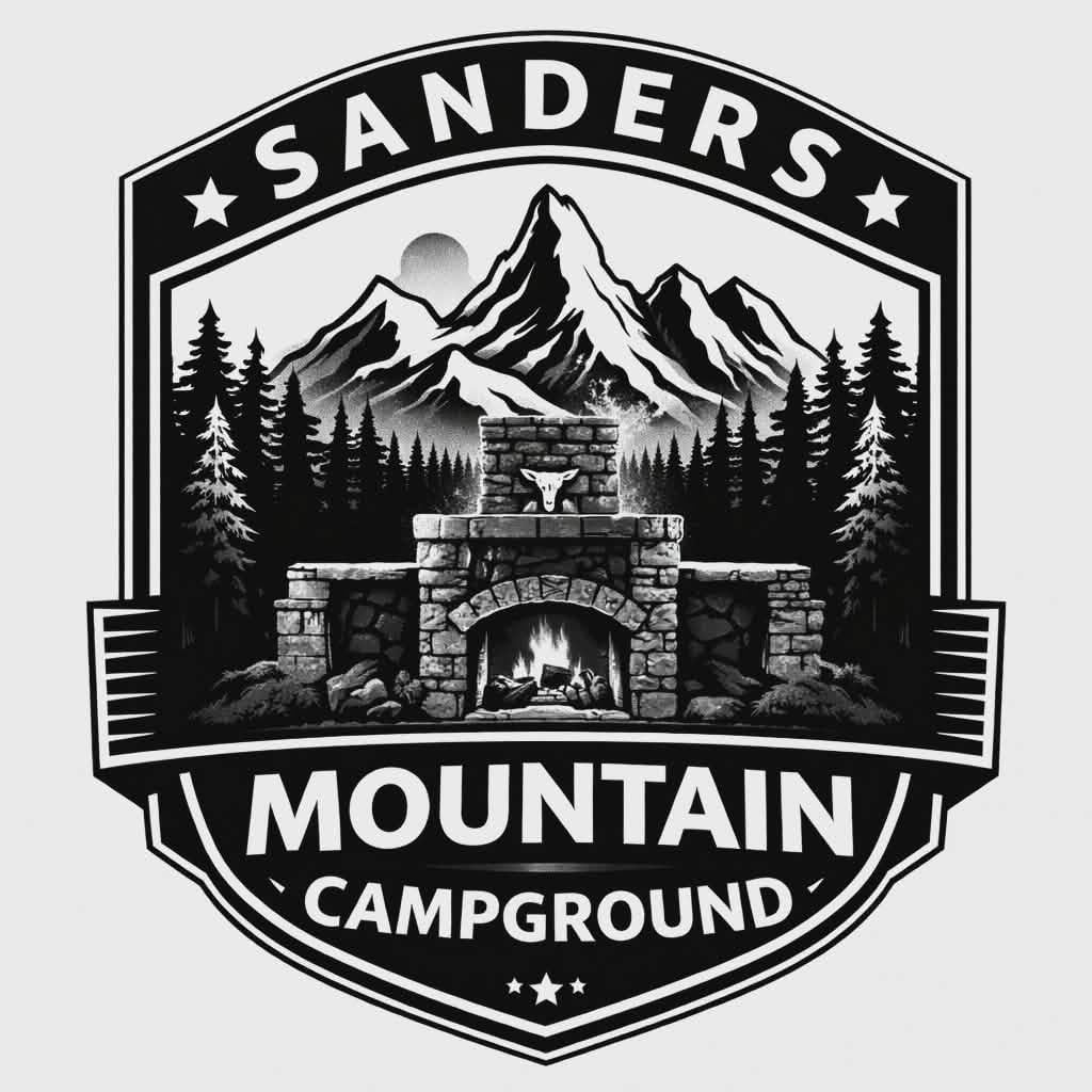 Black and white badge logo for Sanders Mountain Campground, featuring a campfire in a stone fireplace, pine trees, and mountains in the background.