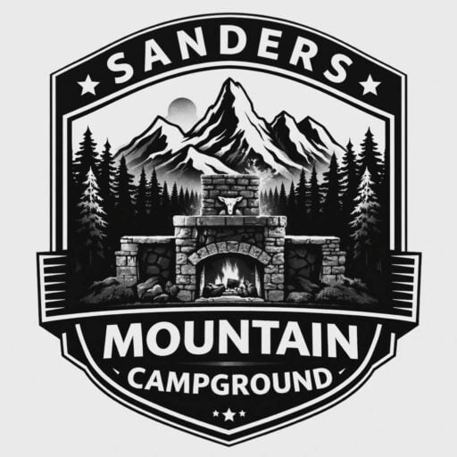Black-and-white logo for Sanders Mountain Campground featuring mountains, pine trees, a stone fireplace with a fire, and bold text.