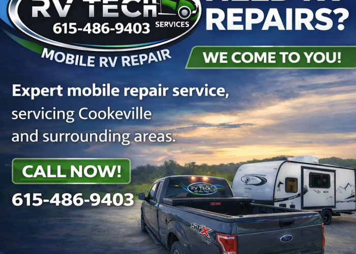 Advertisement for RV Tech mobile repair service with a truck and RV, contact number 615-486-9403, serving Cookeville and surrounding areas, offering on-site RV repairs.